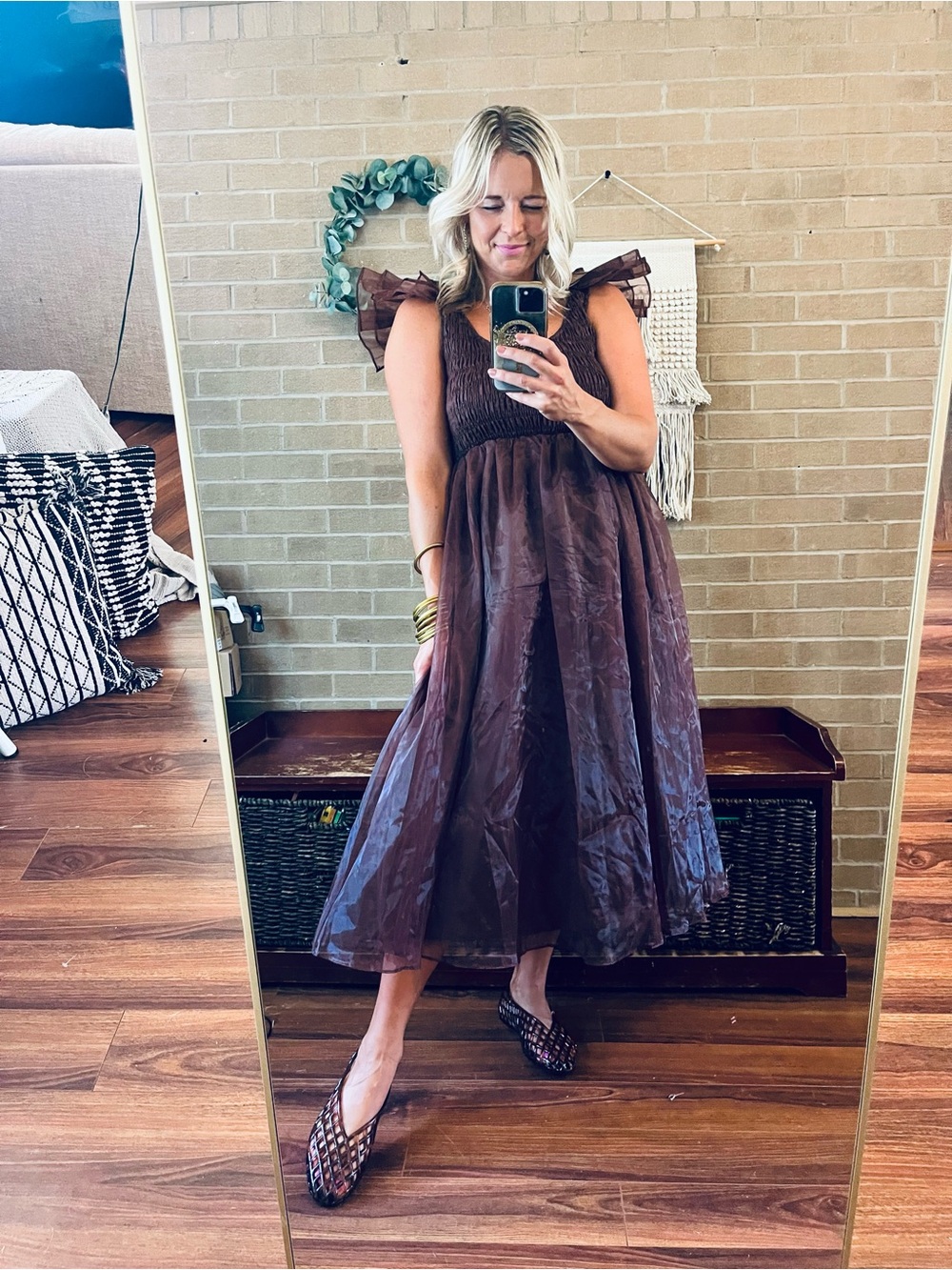 Smocked Bodice Midi Dress with Sheer Bow Straps - Chocolate Brown